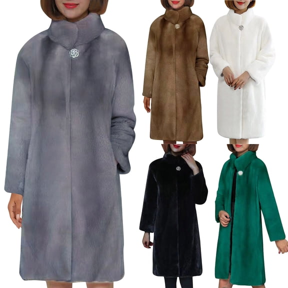 Hueook Faux Fur Women Faux Coat Elegant Thick Warm Fashion Outerwear Long Fake Jacket Black S