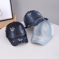 thumbnail image 4 of Ljudmp Womens Mens Vintage Washed Denim Rhinestone Baseball Cap Distressed Frayed Brim Bling Crystal Studded Cowboy Hat Adjustable Sun Hat Blue Pattern A, 4 of 5