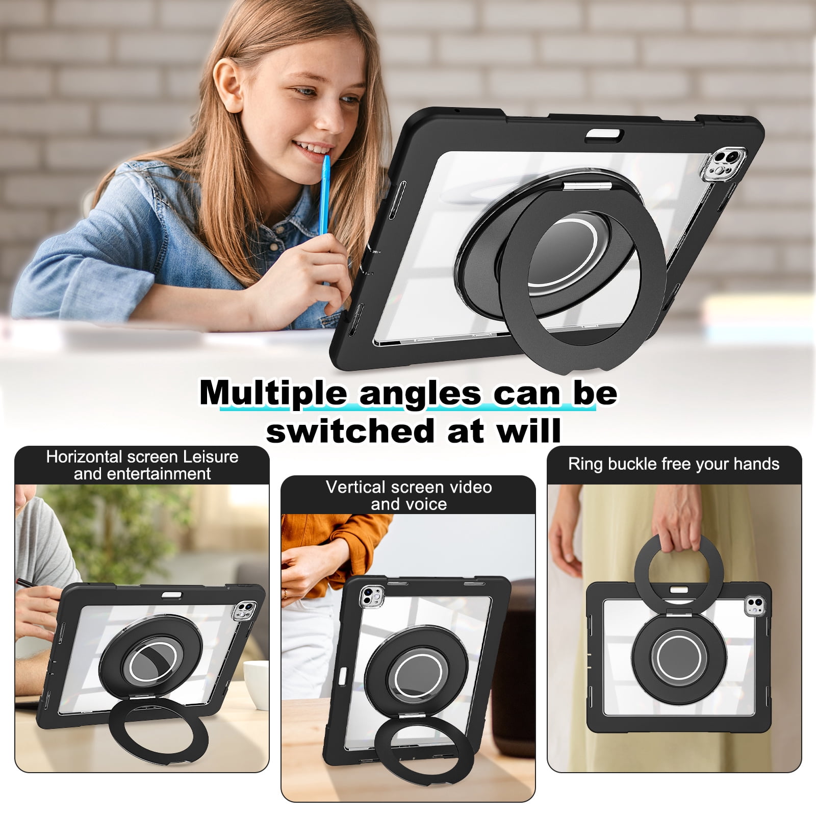 XYX Shockproof Tablet Case for iPad Pro 13 inch M4 2024 (7th Gen) with 360 Rotating Stand, Slim Lightweight with Pencil Holder, Black