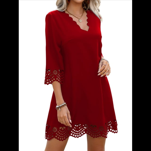 Vestido Camisero Informal de Verano para Mujer, con Mangas 3/4, Holgado y Holgado Rojo M