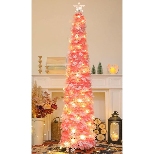 Árbol de Navidad SINTENILL desplegable de 6 pies con luces temporizadoras, oropel rosa