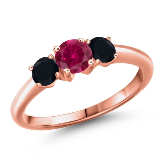 Gem Stone King 18K Rose Gold Plated Silver Red Created Ruby and Black Onyx Engagement Ring for Women | 1.04 Cttw | Round 5MM | Gemstone July Birthstone | Size 6