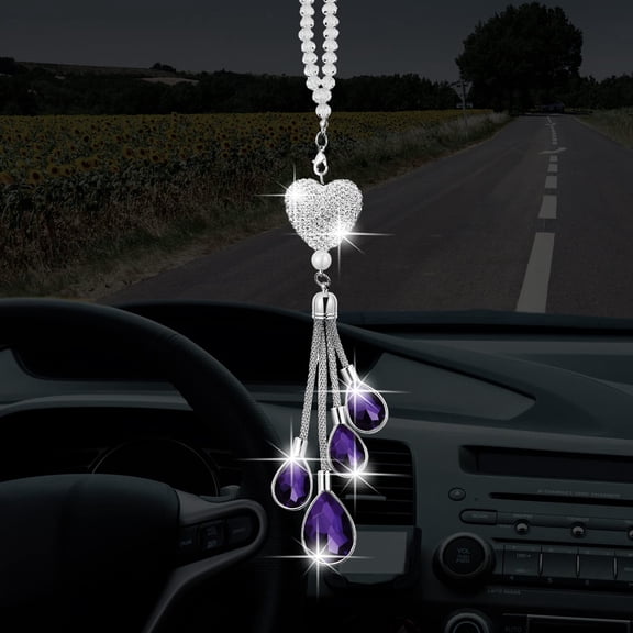 Frienda Bling Heart Diamond Crystal Car Charms - Rear View Mirror Decoration, Lucky Hanging Interior Ornament Pendant Gifts for Women (Purple, 9.8 Inch)