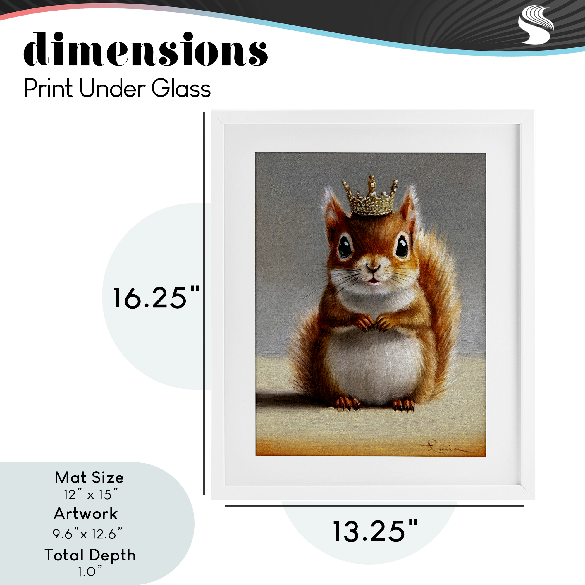 Fancy Crowned Squirrel White Framed Print Under Glass, design by Lucia Heffernan