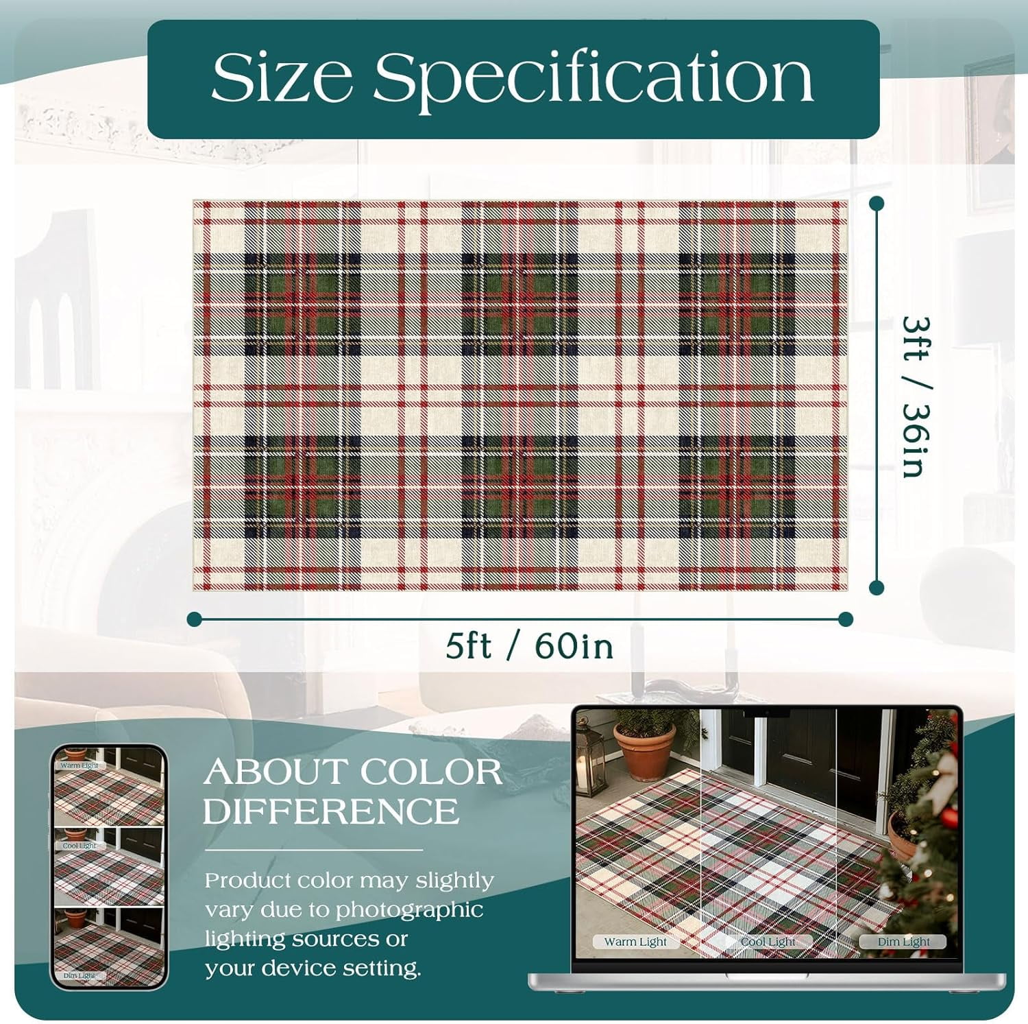 Christmas 3x5 Entry Rug - Small Washable Indoor Outdoor Mats for Front Door Non-Slip Porch Rug Holiday Tartan Plaid Throw Rugs for Living Room Bedroom Entryway Kitchen Office Porch Decor