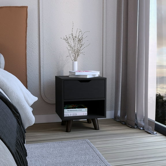 Nightstand With Open Shelf & 1 Drawer - Black Bedroom Furniture For Modern Robust