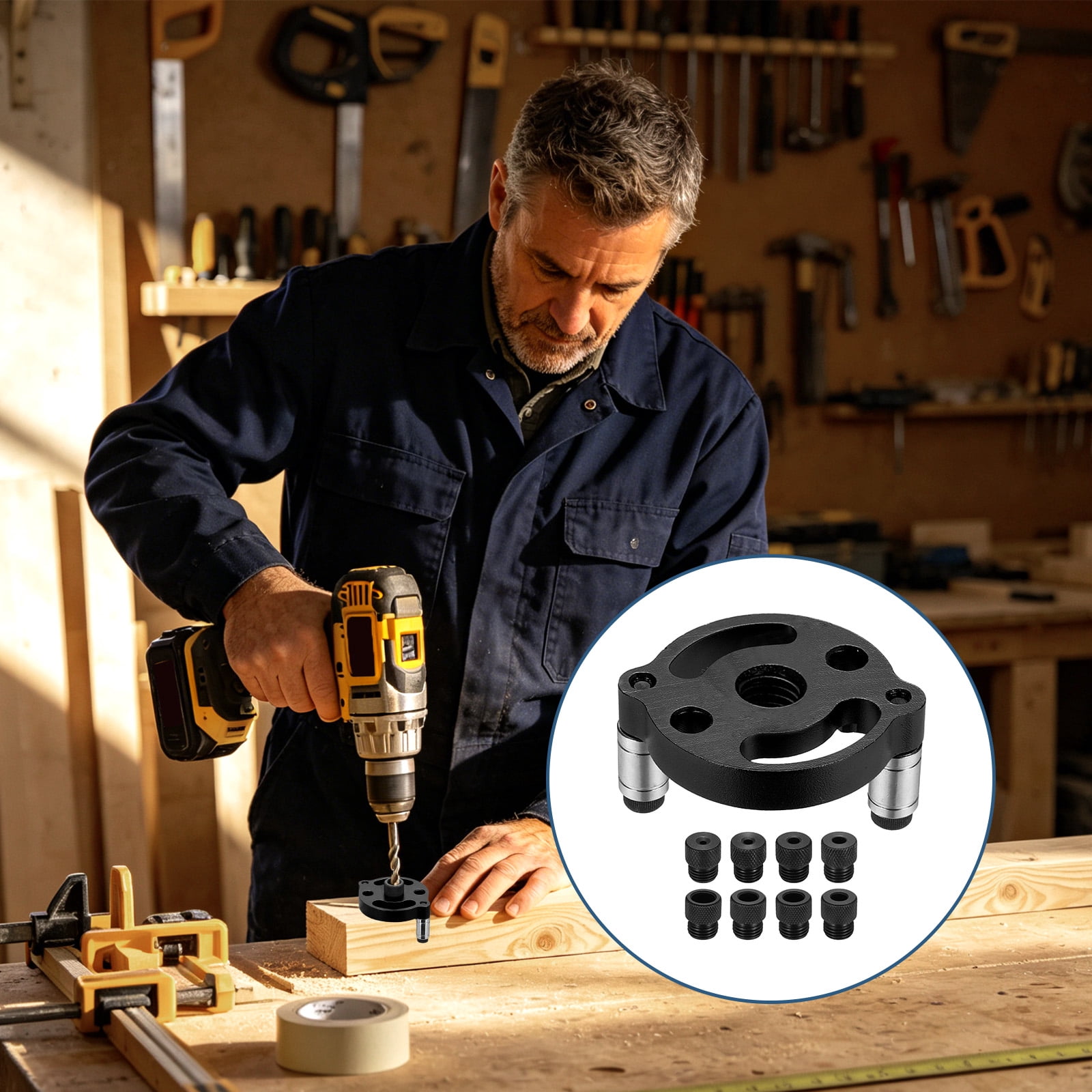 Uxcell Self Centering Doweling Jig Kit Straight Holes Puncher Dowel Jig Locator with Drill Bushings Woodworking Joints Tool for Precise Straight Holes, Black