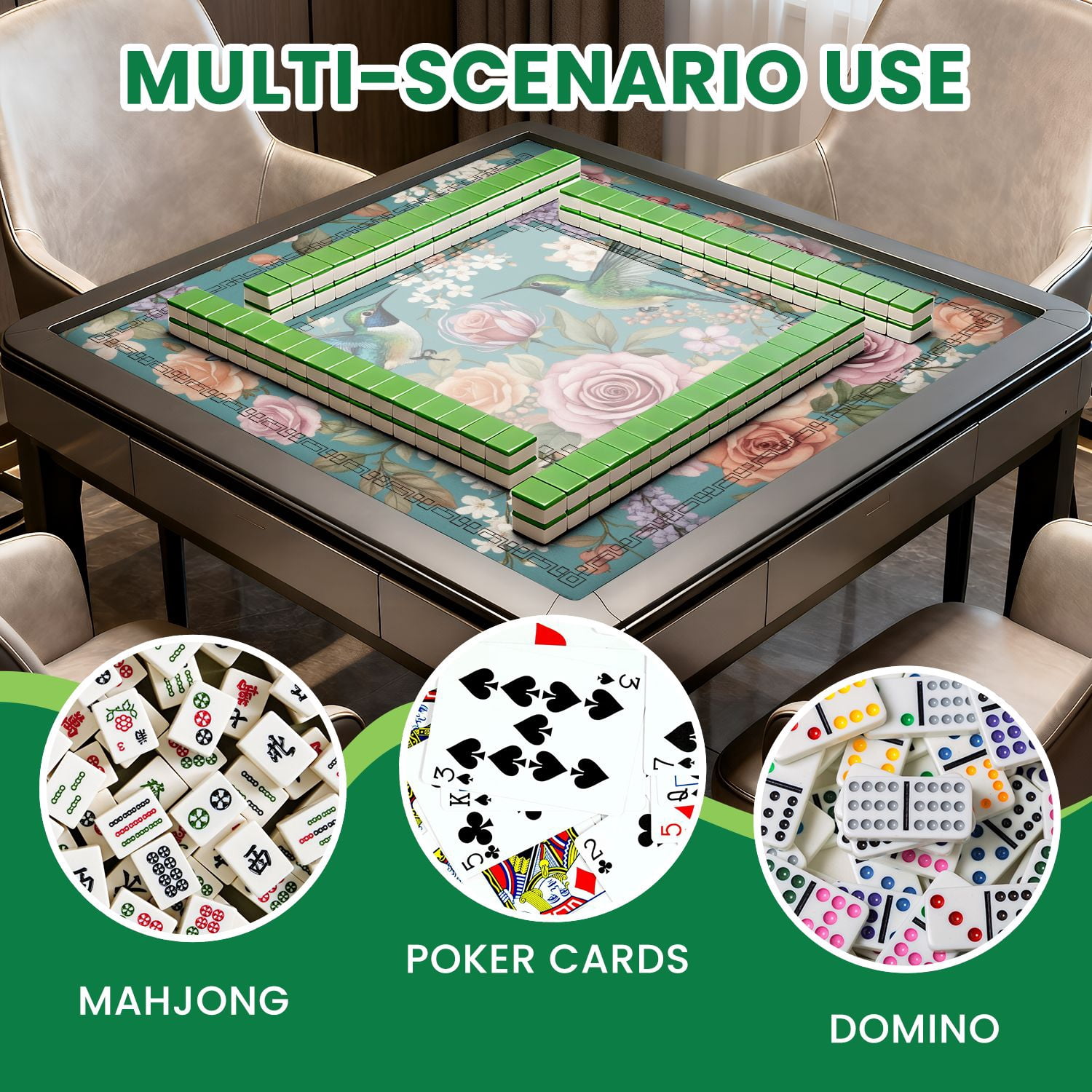 Mahjong Mat 31.5" x 31.5" Colorful Hummingbirds Amid Pink Peach Roses White Blossoms Teal Non-Slip Noise Reduction American Mahjong Tiles Table Cover for Dominoes Poker Card Board Games Gift