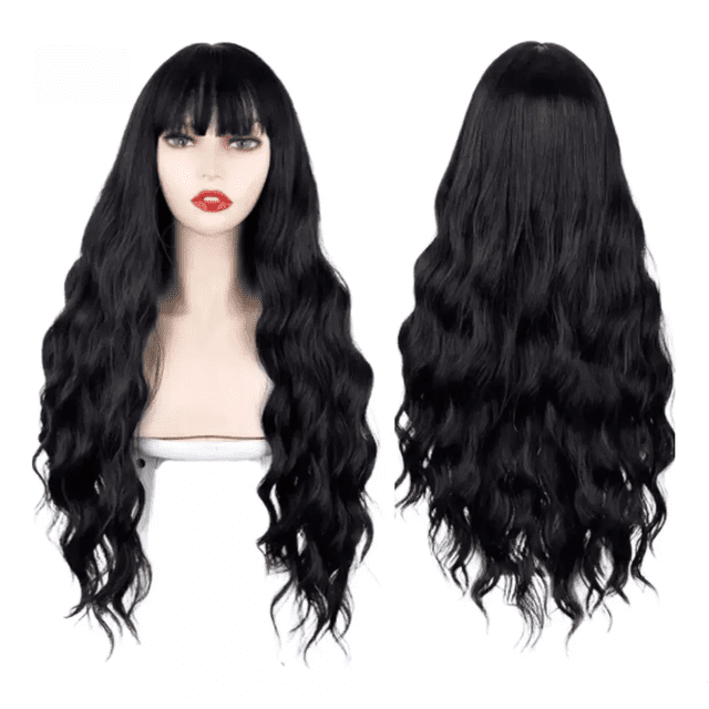 Peluca Natural Larga 72cm Ondulada Negro Para Mujer