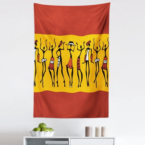 African Tapestry, Dancing Abstract Wall Paint Indigenous Culture, Fabric Wall Hanging Decor for Bedroom Living Room Dorm, 5 Sizes, Dark Orange Yellow Black, by Ambesonne