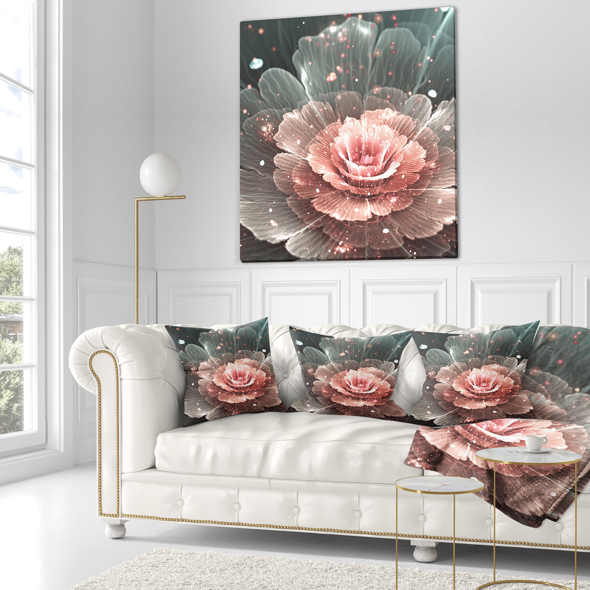 Designart Abstract Fractal Pink Gray Flower - Floral Throw Pillow - 18x18