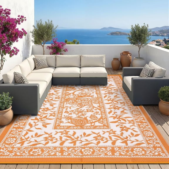 Outdoor Rug 8x10 Waterproof Reversible Foldable Plastic Straw Orange | Botanical Cottagecore Outdoor Rugs Patio Camping RV Carpet for Deck Camper Porch Balcony Backyard Picnic Beach