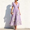 thumbnail image 2 of KLHDSF Dresses For Women Deep V-Neck Short Sleeve Fit And Flare Causal Floral Summer Dress Light Purple L, 2 of 5