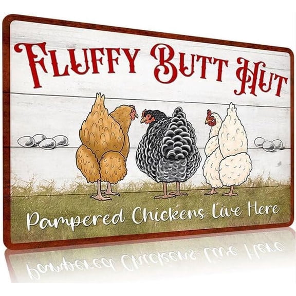 Fluffy Butt Hut Metal Tin Sign Funny Chicken Coop Sign for Home Decor Kitchen Decoration Wall Art Farm Farmhouse Vintage Decor Chicken Coop Accessories 12X8 Inch