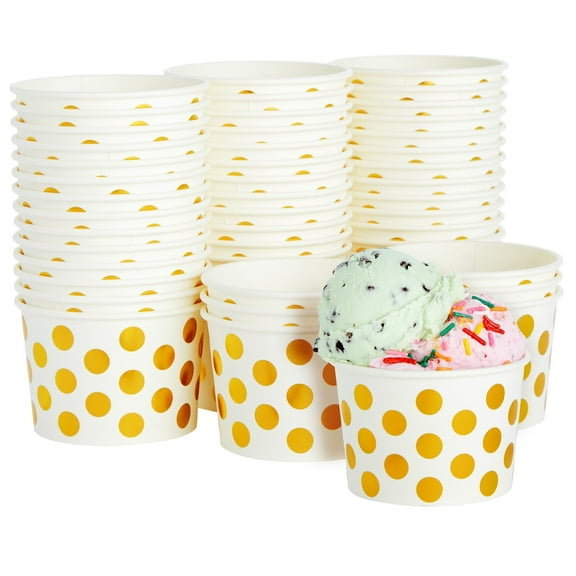 BLUE PANDA Snack Cups - 8 oz, Gold Polka Dot, 50 Pack - Paper Ice Cream Bowls & Ice Cream Sundae Bowls - Disposable Dessert Cups