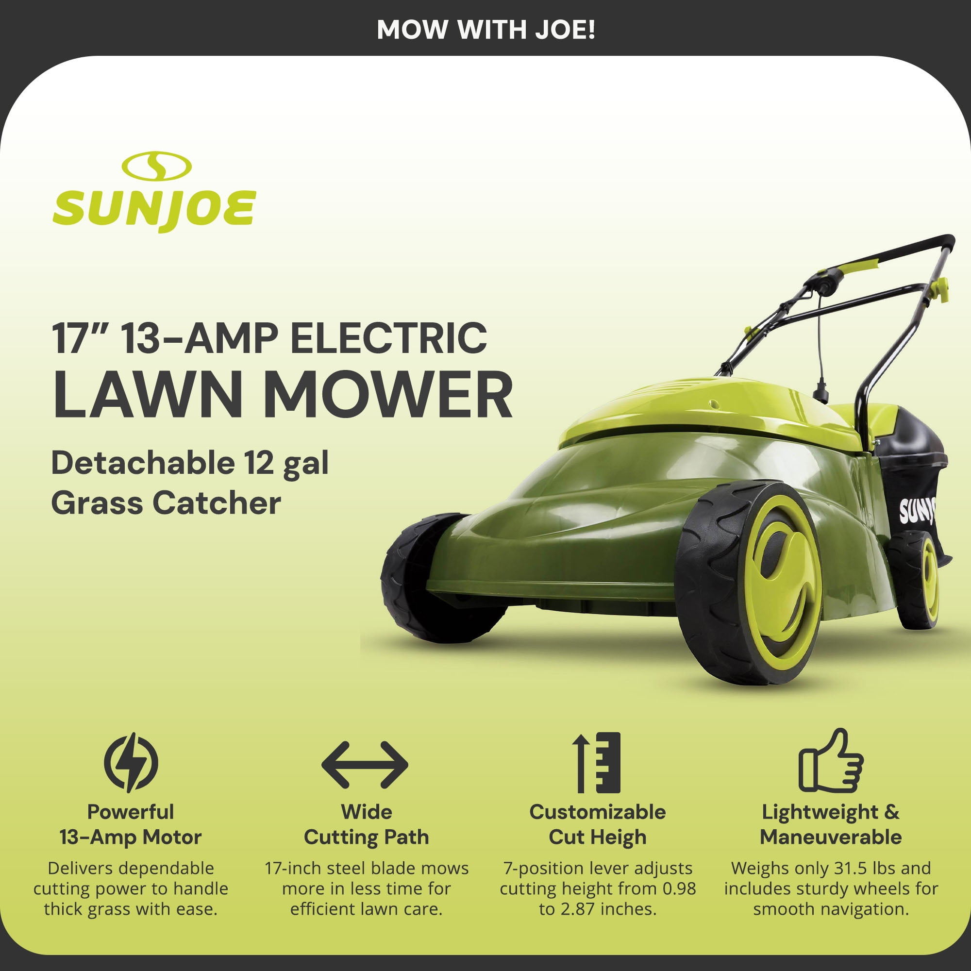 Sun Joe Push Lawn Mower and Mulcher, 17" Electric Walk Behind Grass Cutter, SUJ-MJ403E