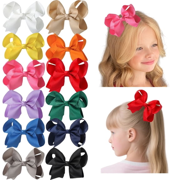 JoyBowie 4.5 Inch Grosgrain Ribbon Hair Bows with Alligator Clips, Multicolor, 12 Pack for Girls