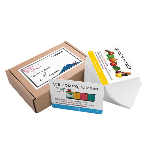 Japanese Vocabulary Flash Cards for Beginners (with Illustrations and Example Sentences), Standard Playing Card Size, Sturdy, Water Resistant