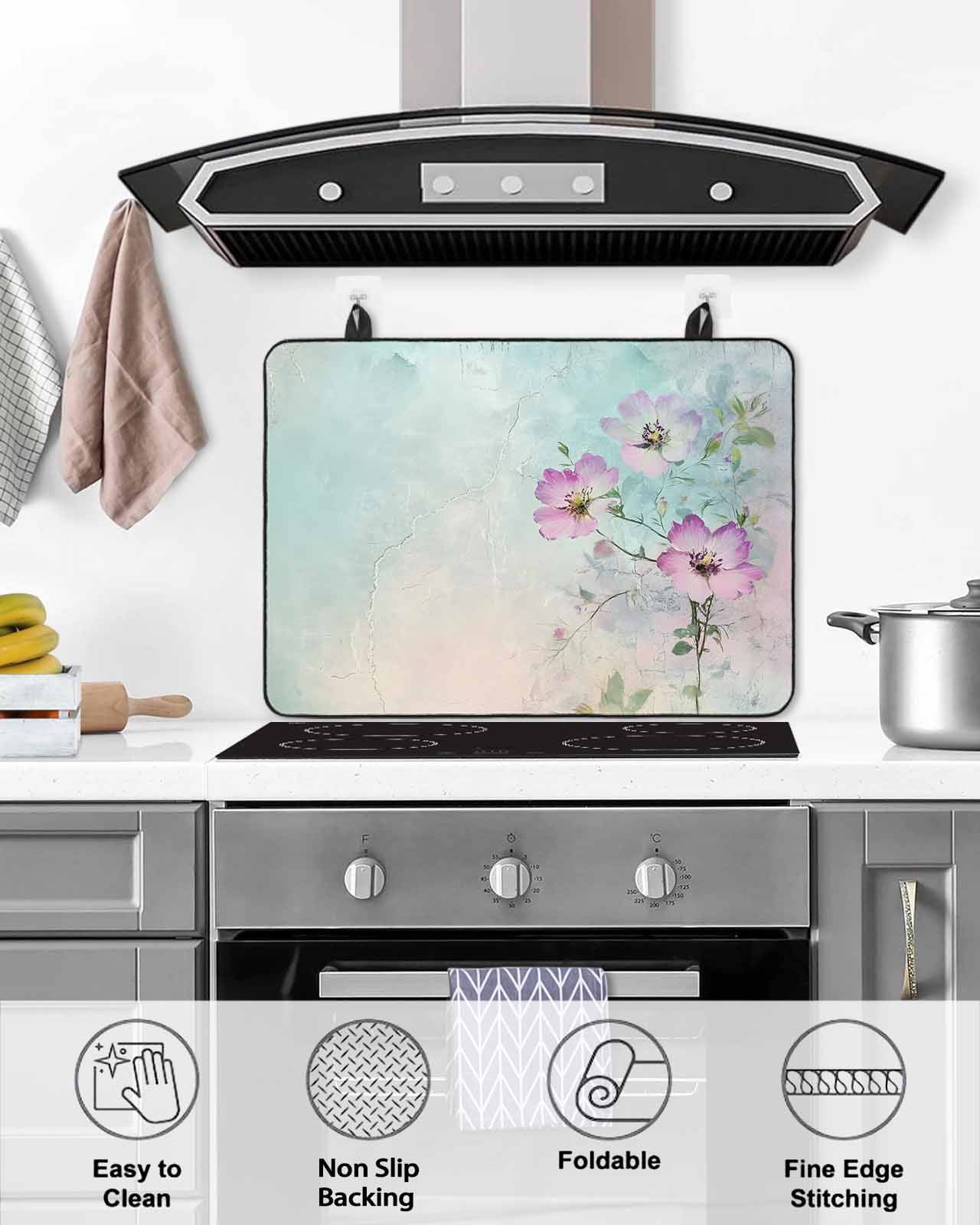 nqOlkjepod Large Induction Cooktop Protector Mat 36"x21", Pink Floral Stove Top Covers for Electric Stove, Spring Botanical Pastoral Vintage Country Stove Burner Cover Mats, Glass Top Stove Cover
