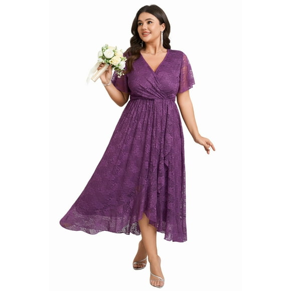 Vestido de novia SCOMCHIC de encaje con cuello en V, alto y bajo, morado XL-4XL