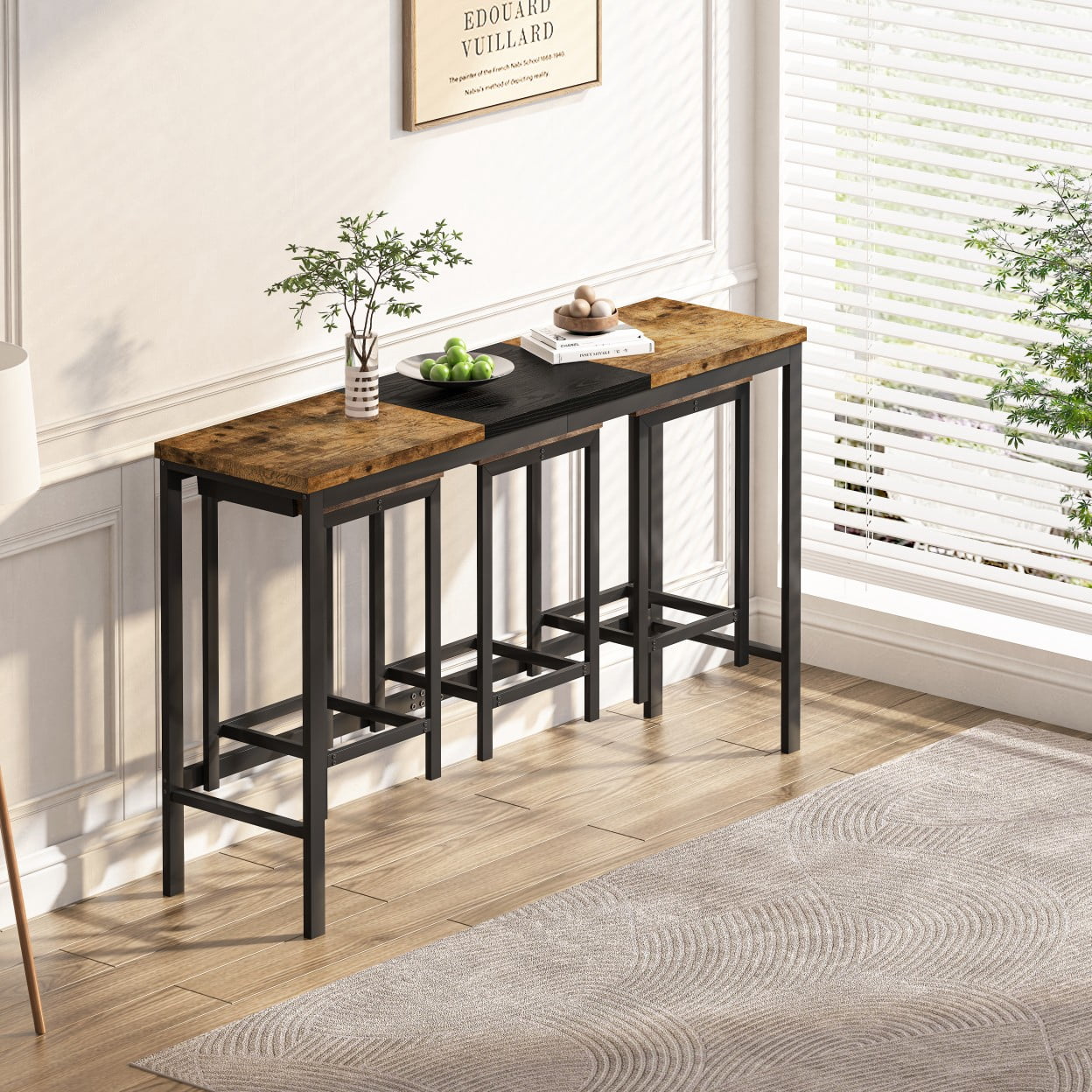 Modern Kitchen Dining Table Set with 3 Stools, 60.24" Long Pub Table Set with Hanging Stools, Industrial Counter Height Table for Dining Room, Natural Black
