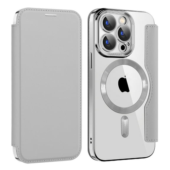 Flip Magnetic Case for Apple iPhone 16, Compatible with Magsafe Cards Holder Wallet Case RFID Blocking Clear Back Cover Anti-Scratch Folio Shockproof Bisiness Type Case for Women, Grey