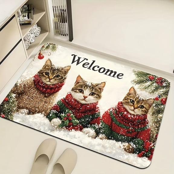 Area Rugs,Christmas Cat Welcome Rug Christmas Scarf Cat Decorative Mat