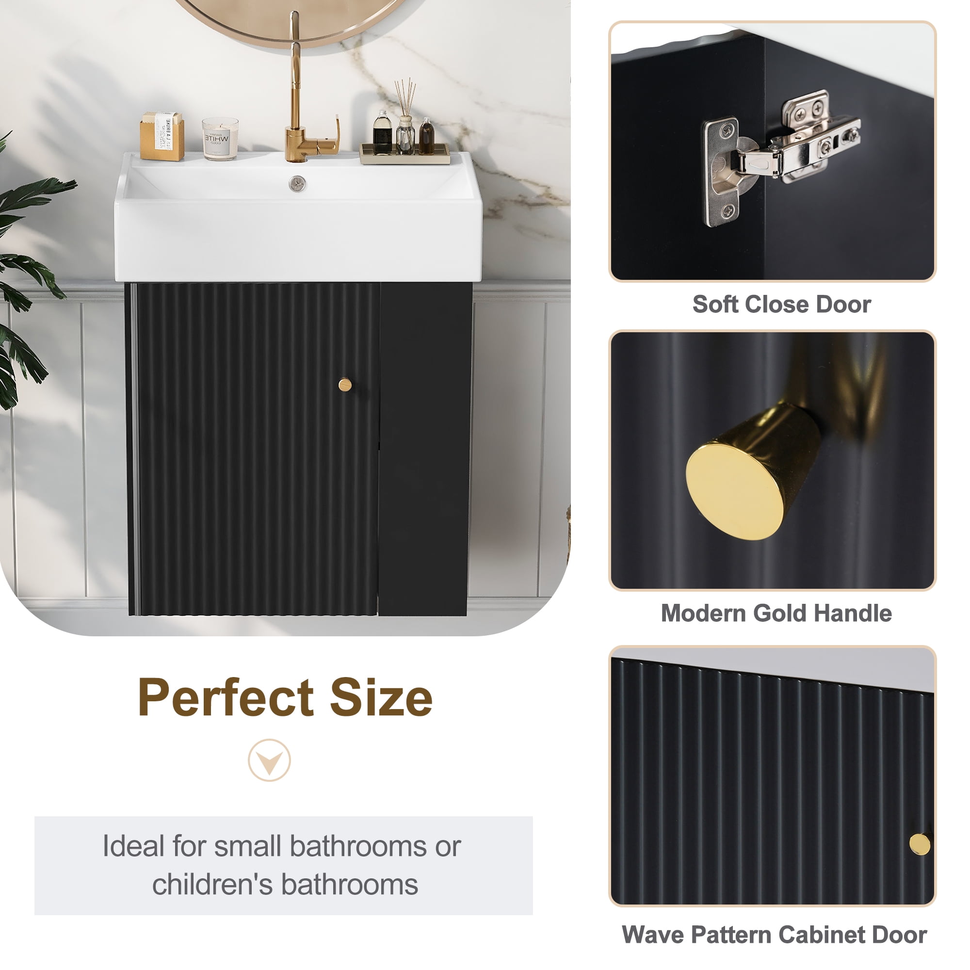 Noble House Meuble-Lavabo Flottant Moderne de 21,6 Pouces avec Bassin en Céramique pour Petites Salles de Bains, Rangement Côté Droit, Noir