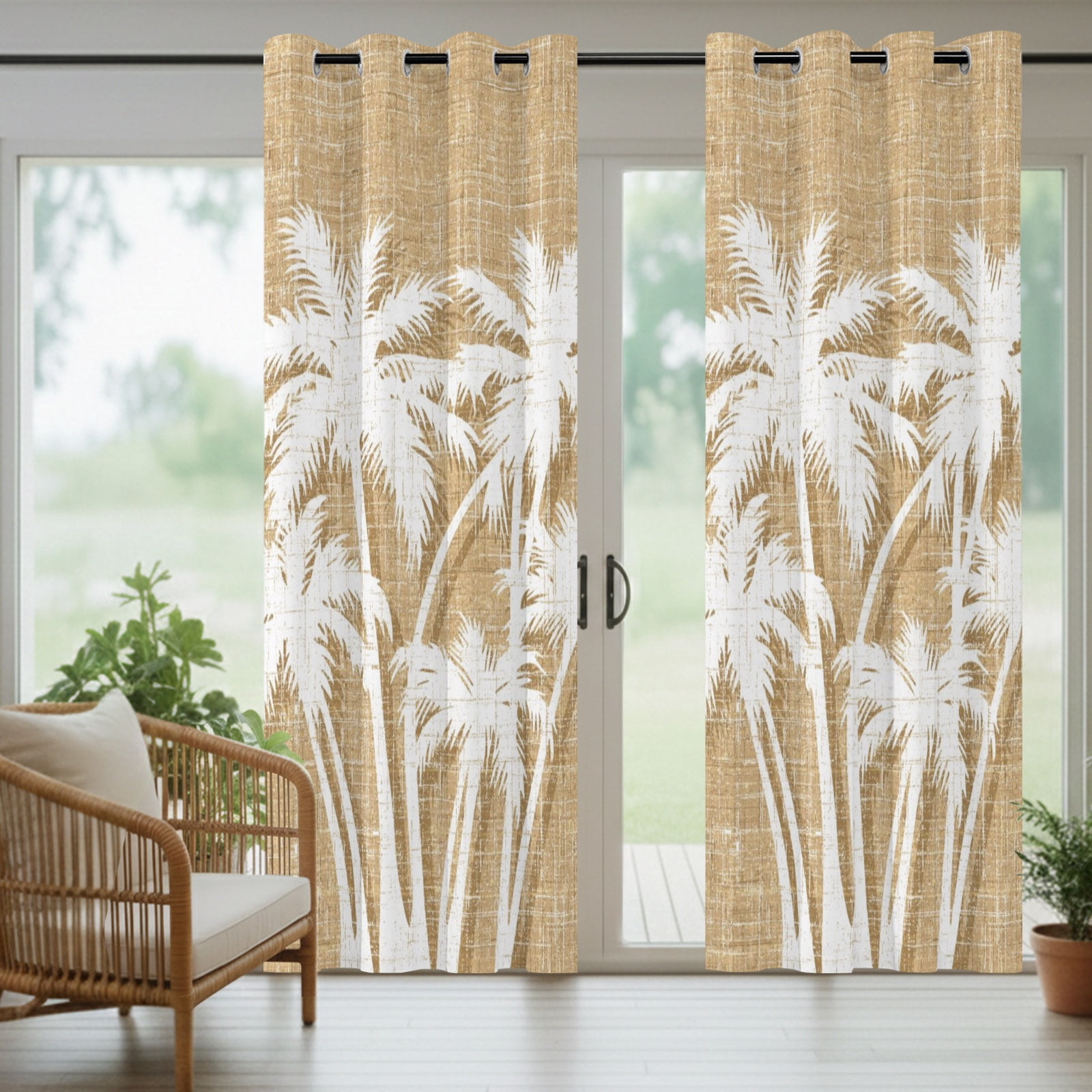 Palm Tree Outdoor Curtains for Patio, Tropical Plant Coastal Summer Khaki Sunshade Privacy Drapes Grommet Waterproof Outside Curtains for Porch/Cabana/Balcony 54"x 108", 1 Panel