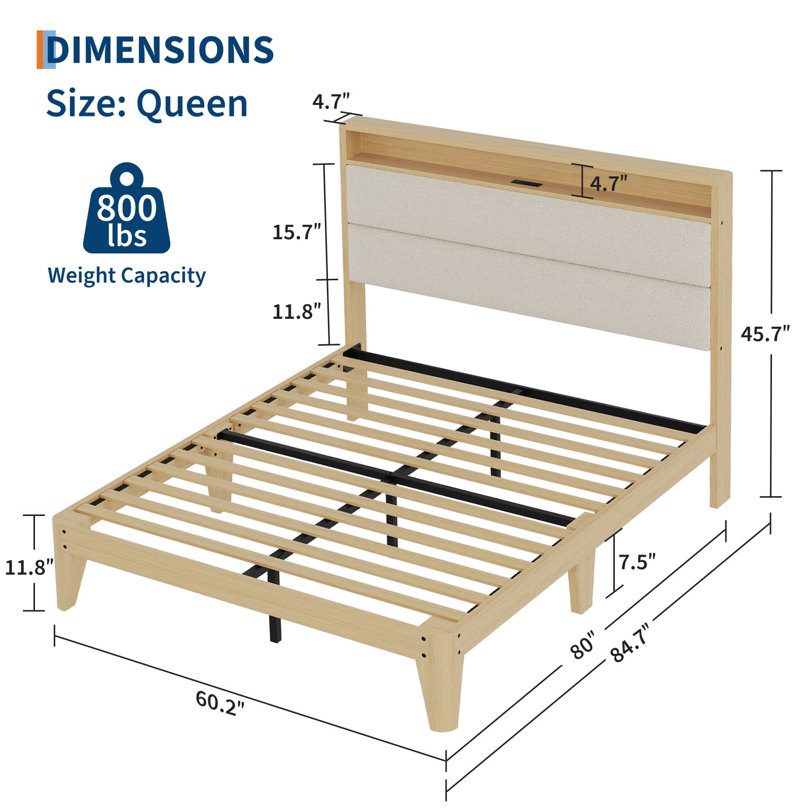 Queen Size Upholstered Bed Frame with LED Lights & Charging Station, Boucle Headboard Platform Bed with Wooden Slats, No Box Spring Needed, Easy Assembly，Beige