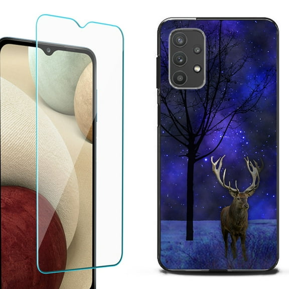 Slim-Fit Flexible TPU Gel Phone Case (black) for Samsung Galaxy A32 5G, with Tempered Glass Screen Protector, by OneToughShield ® - Midnight Deer