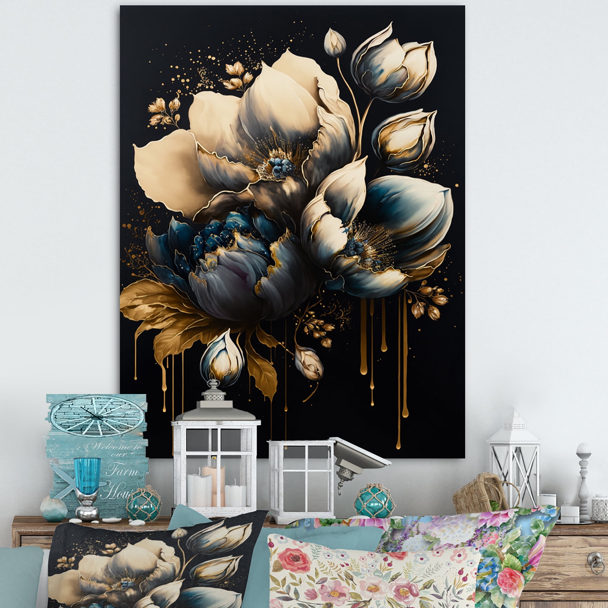 Designart Blue And Gold Tulips III Canvas Wall Art