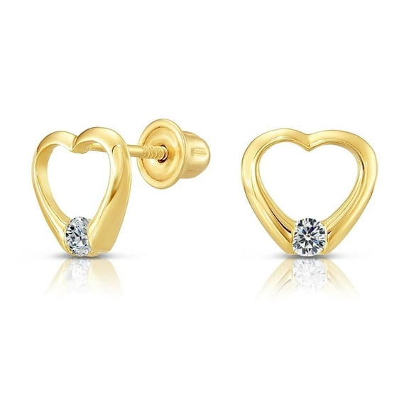 Tilo Jewelry 10K Yellow Gold Small Heart CZ Stud Post Earrings with Secure Screw-Backs | Everyday Dainty Small Earrings for Women & Unisex