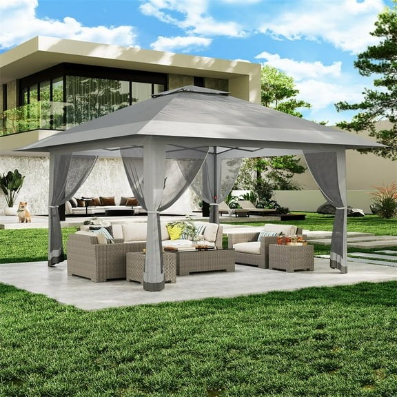 13x13Pop-Up-Gazebo Outdoor Canopy Tent with Mosquito Netting, [Adjustable Height & Spacious] Pop Up Tent with Double Roof, UV-Resistant Outdoor Gazebo for Backyard, Patio, Lawn, Garden, Deck