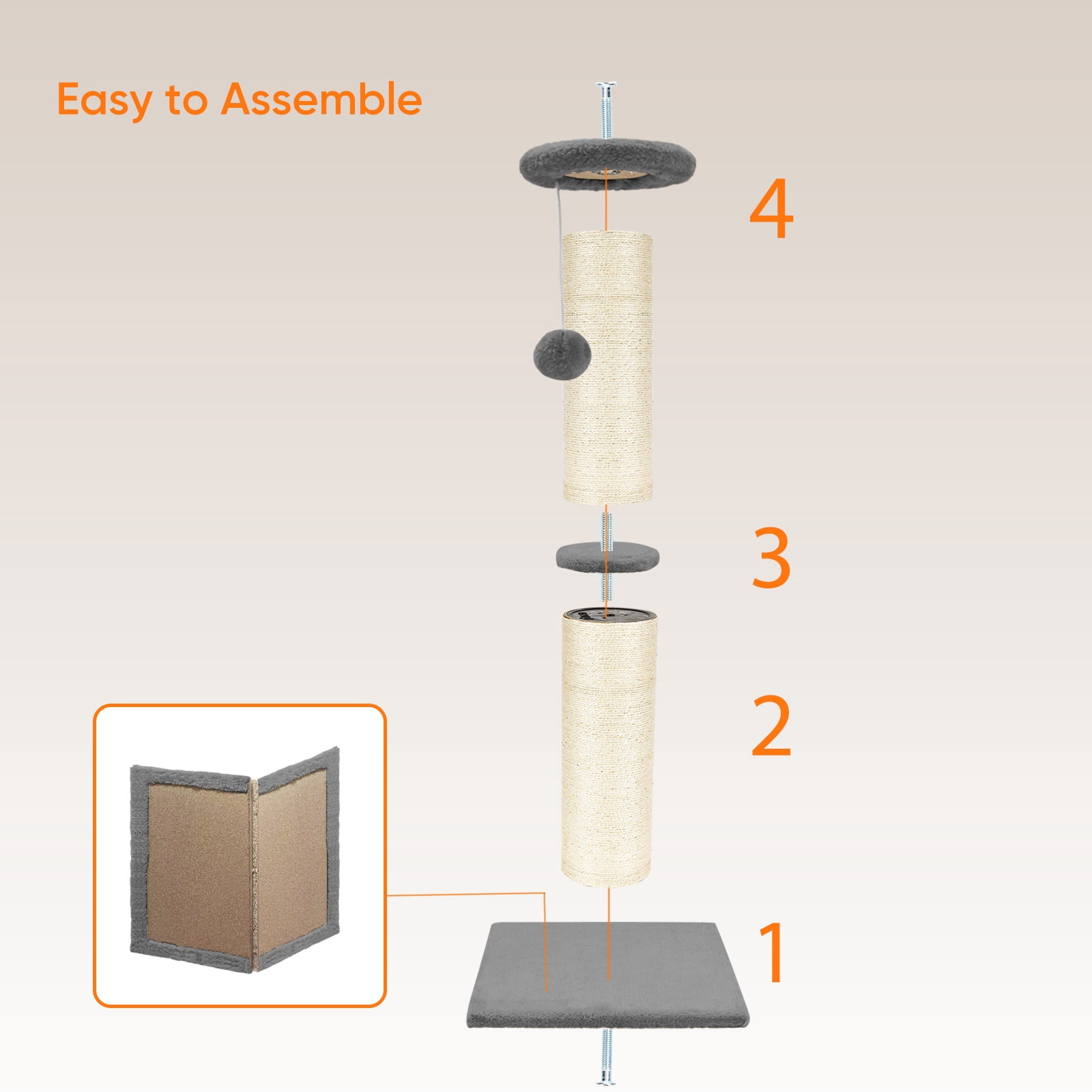 PAWSCRAT Cat Scratching Post 32" Tall, Large Diameter Natural Sisal Cat Scratch Post with Dangling Ball for Indoor Cats, Scratch-Resistant Durable & Protect Your Furniture, LightGrey