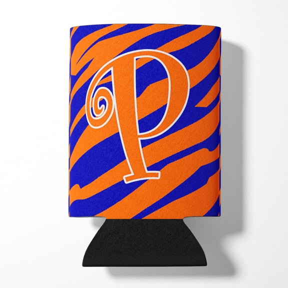 Letter P Initial Tiger Stripe Blue and Orange Can or Bottle Hugger