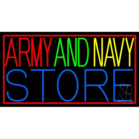 Red Army And Navy Store LED Neon Sign 20 x 37 - inches, Black Square Cut Acrylic Backing, with Dimmer - Bright and Premium built indoor LED Neon Sign for Defence Force.