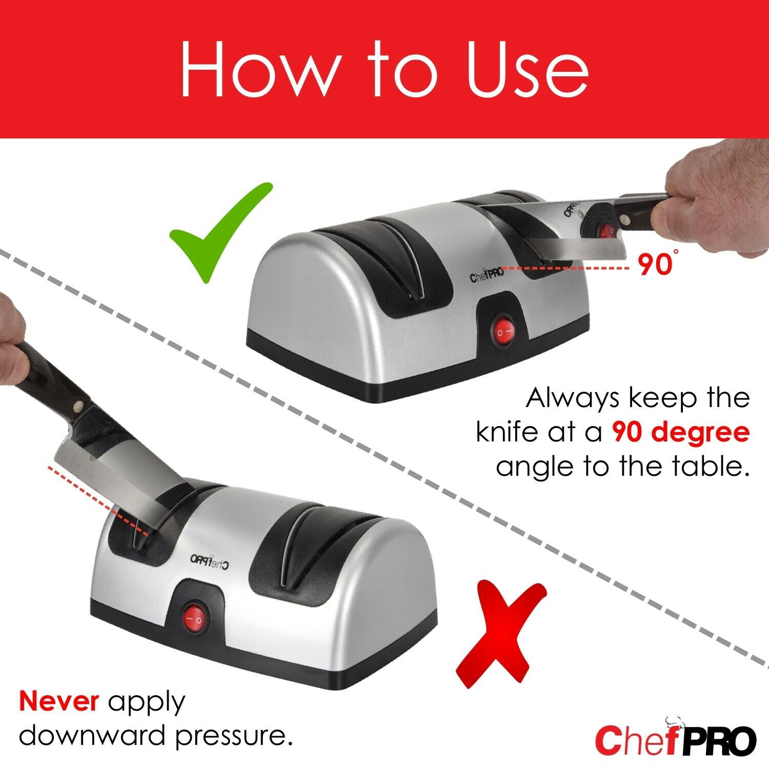 ELECTRIC KITCHEN KNIFE SHARPENER AND POLISHING SYSTEM by CHEF PRO, 2-Stage Sharpening, Compact And Easy-to-Use Design, Suction Cup Bottom and Easy Cleaning, Black-Silver