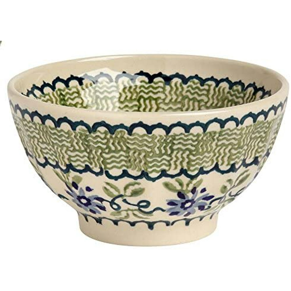 Polish Pottery Blue Green Floral Basketweave Fluted Cereal Bowl, 14 Oz