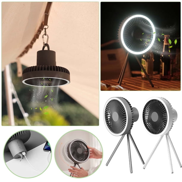 Ventilador trípode portátil con luz nocturna y power bank - 3 en 1 para acampada, oficina, ventilador de sobremesa, batería de 10000mAh, 3 velocidades y temporizador, uso colgado/de pie