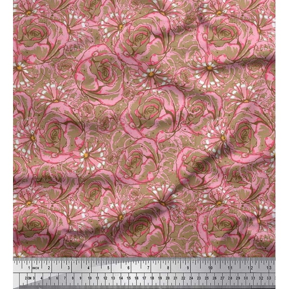 Soimoi Cotton Duck Fabric Dot & Rose Floral Print Fabric by the Yard 42 Inch Wide