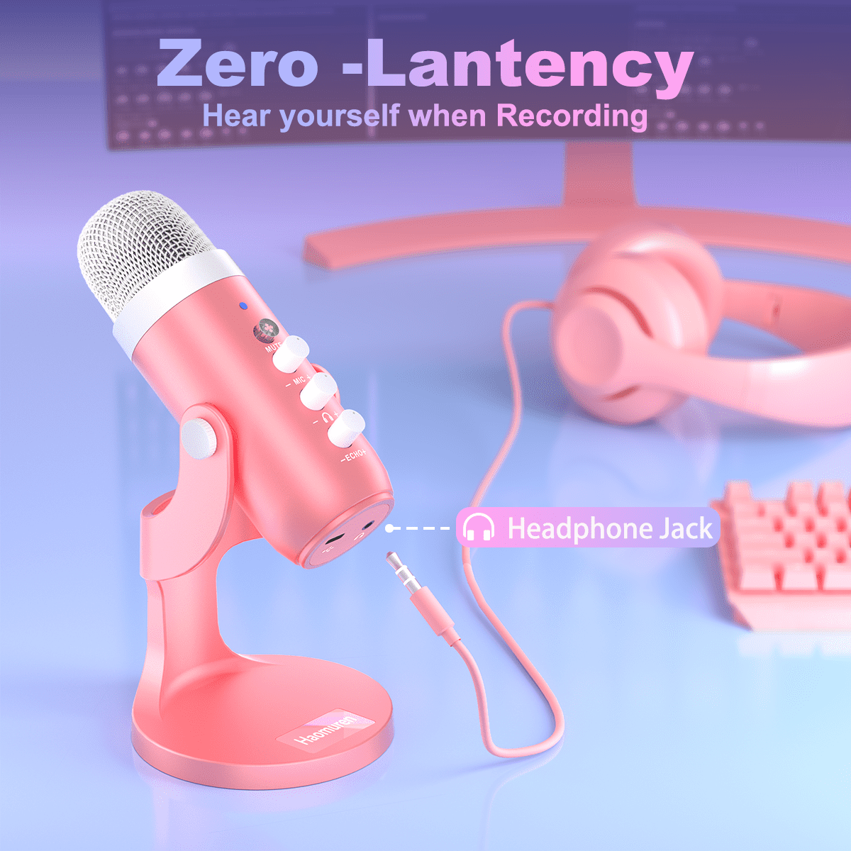 Haomuren Pink USB Gaming Microphone for PC/Phone/PS5, Studio Mic with Mute, Echo, Gain & Monitor Control for Streaming, Podcast, ASMR, Vocal