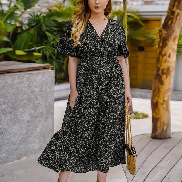 Robe d'Été pour Femmes 2024 Mode Grande Taille Manches Courtes Col en V Ample Longue Robe Rabais de 50 % Liquidation!
