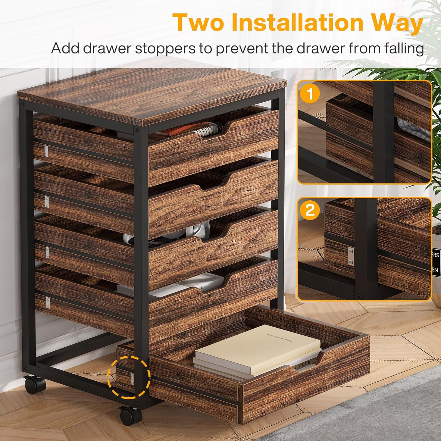 PurelyGoods 5-Drawer File Cabinet, Wood Mobile Storage Drawer Unit, Industrial Office Cabinet with Drawers & Wheels, Rolling Printer Stand for Home Office (Rustic Brown)