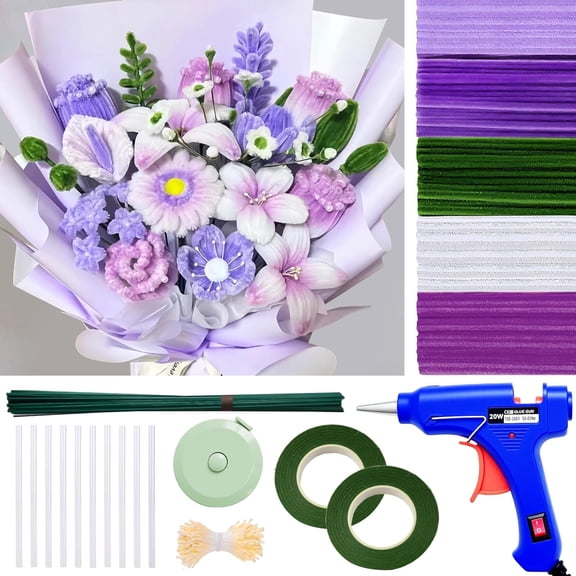 BZCOE Beginner Diy Pipe Cleaner Craft Kit with Step-By-Step Tutorial Video | 500 Pcs Thick 12In X 8Mm Chenille Stems in 5 Colors, Holiday & Room Decor, Family Handmade Projects (Purple)