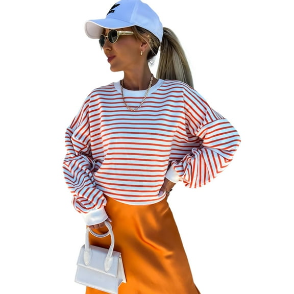 Women's Orange Stripe Drop Shoulder Crew Neck Loose Fit Sweatshirt - [ZhiHiMeRi] | (US 12-14)L