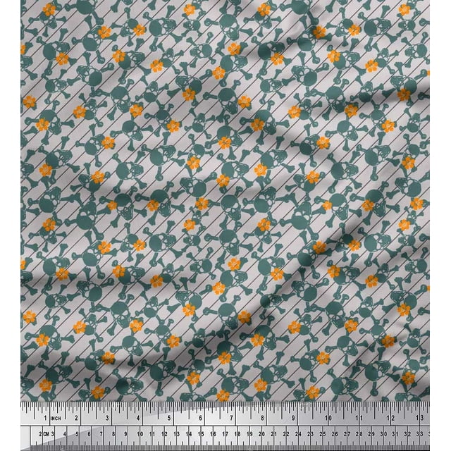 Soimoi Poly Georgette Fabric Diagonal Stripe,Cross Bones & Skull Decor Fabric Printed Yard 52 Inch Wide