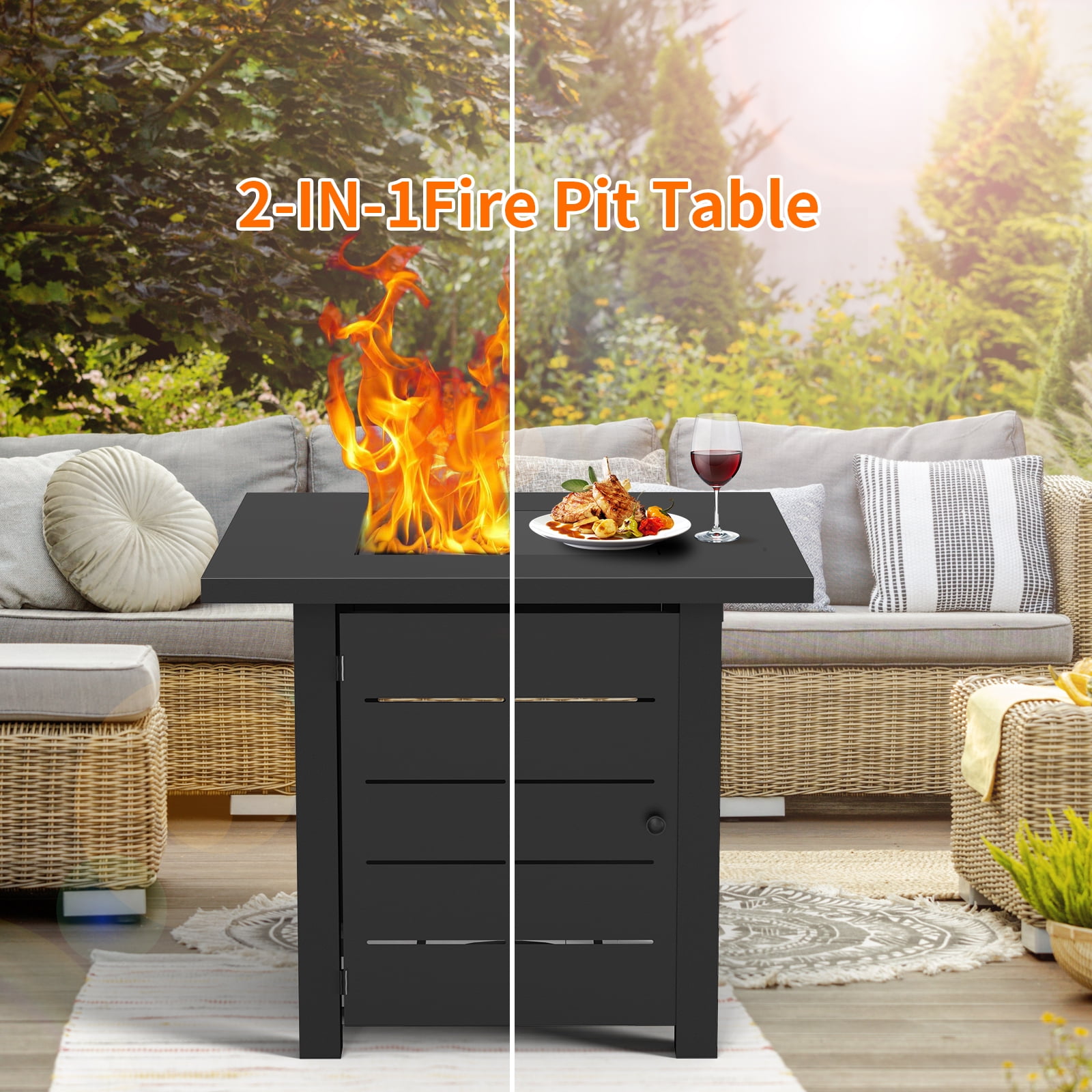28" Propane Fire Pit Table, 2-in-1 Square 50,000 BTU Propane Gas Fire Pit Table with Lid and Lava Rock,for Outside Patio Yard Party Garden and Lawn