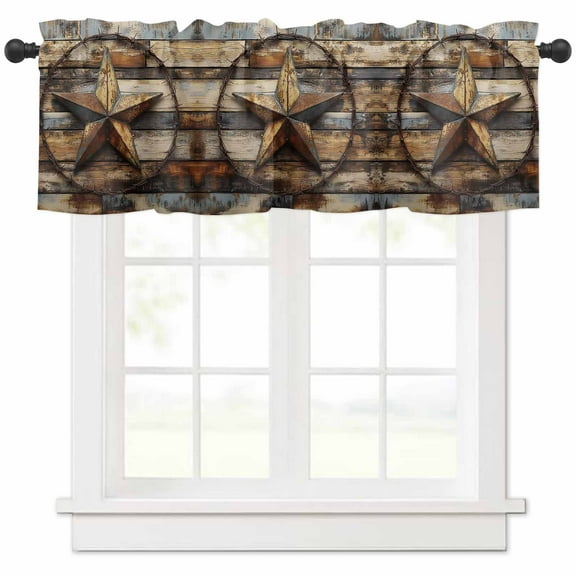 nqOlkjepod Vintage Farmhouse Farmhouse Short Window Curtain Valances, Western Texas Rustic Star Wooden Grain Rod Pocket Kitchen Valances for Living Room Bedroom Bathroom Cafe, 1 Panel - 54" x 18"