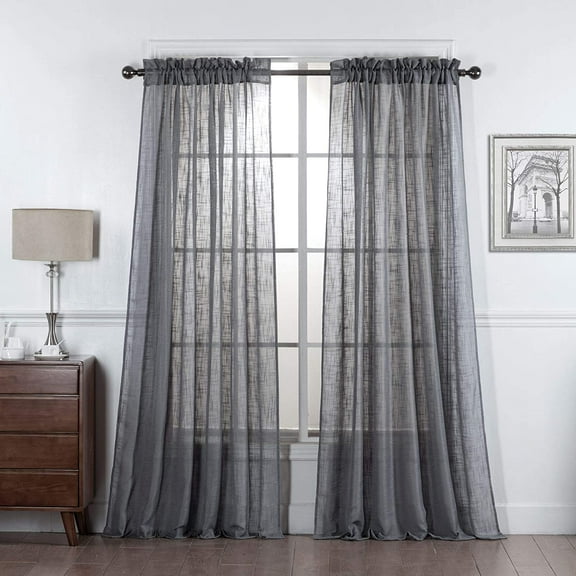 Set of 2 Piece Linen Textured Semi-Sheer Rod Pocket Window Curtain Panels (84" Long, Gray)